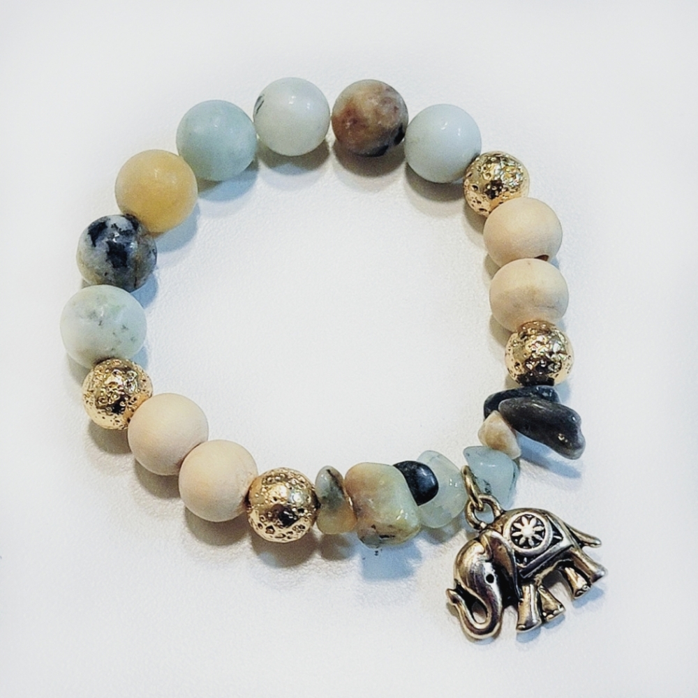 Genuine Semiprecious Amazonite & Gold Lava Beaded Elastic Oil Diffuser Bracelet